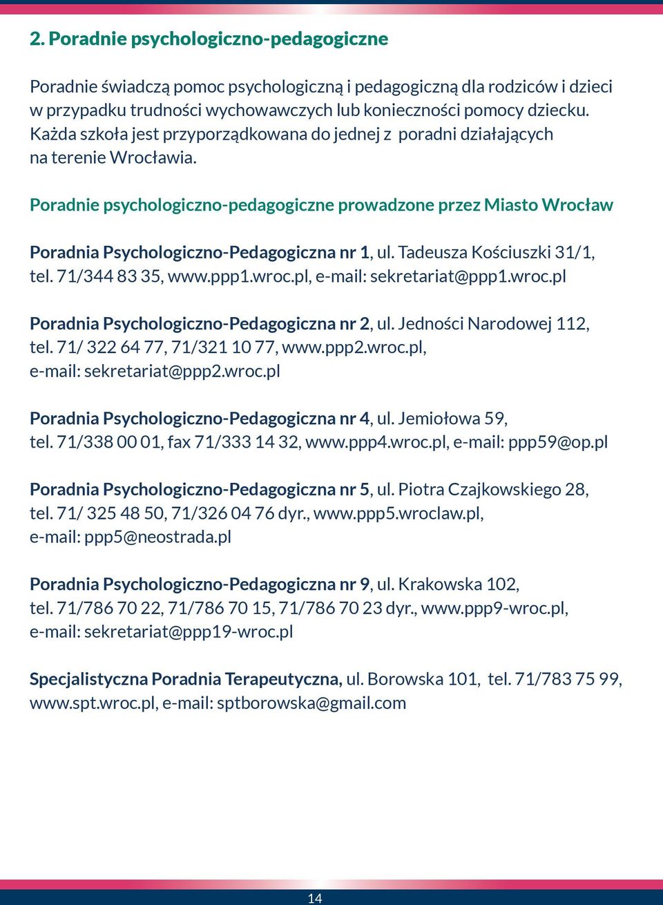 Poradnie psychologiczno-pedagogiczne prowadzone przez Miasto Wrocław Poradnia Psychologiczno-Pedagogiczna nr 1, ul. Tadeusza Kościuszki 31/1, tel. 71/344 83 35, www.ppp1.wroc.
