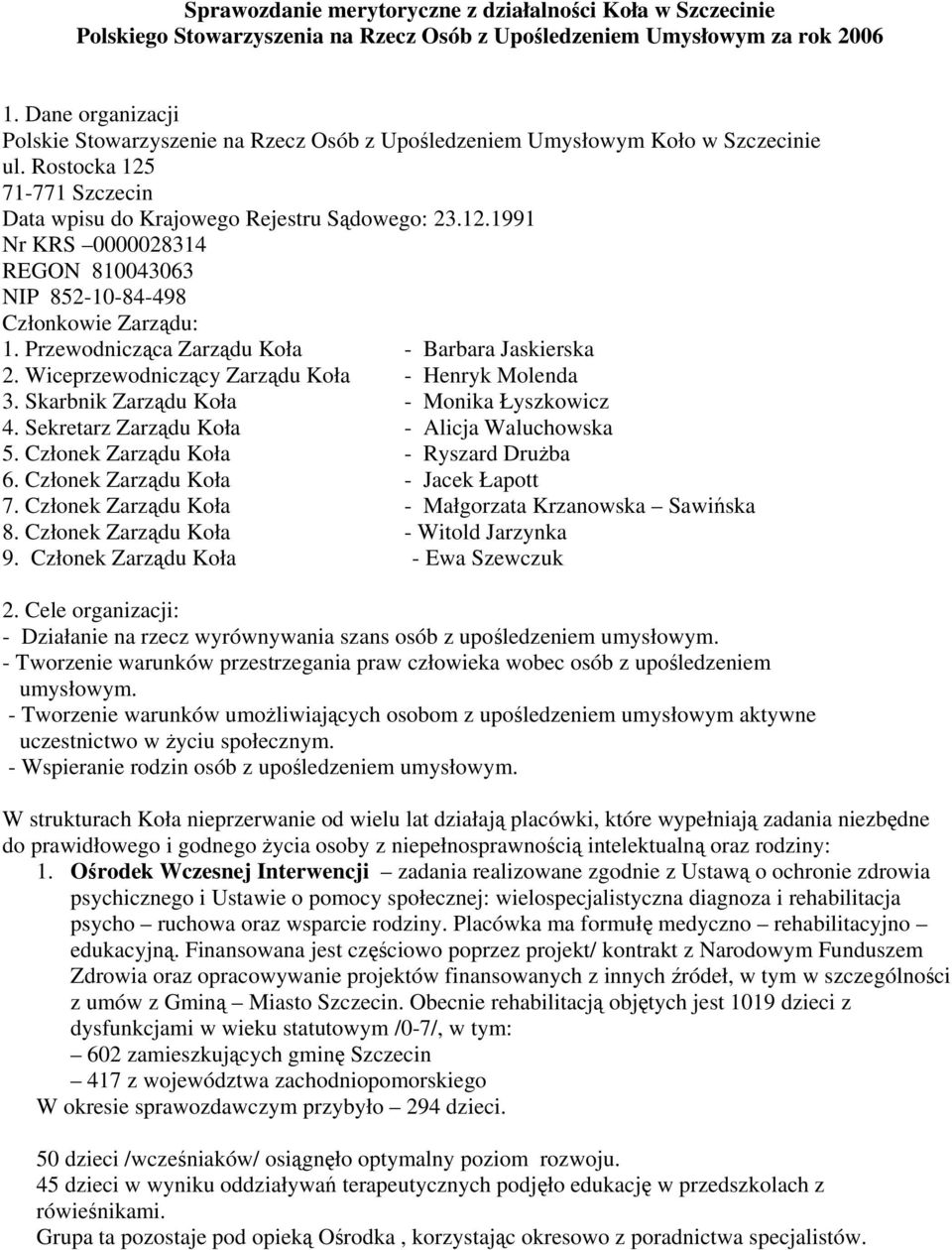 Przewodnicząca Zarządu Koła - 2. Wiceprzewodniczący Zarządu Koła - Henryk Molenda 3. Skarbnik Zarządu Koła - Monika Łyszkowicz 4. Sekretarz Zarządu Koła - 5. Członek Zarządu Koła - Ryszard Drużba 6.