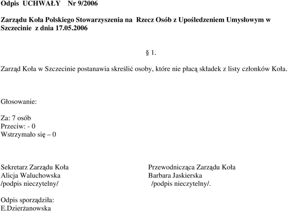 2006 Zarząd Koła w Szczecinie postanawia skreślić osoby, które nie płacą składek z listy