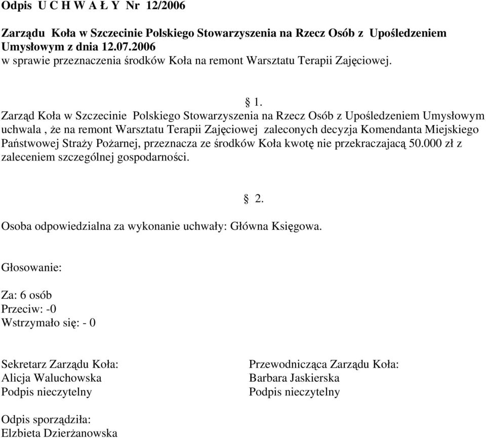 Zarząd Koła w Szczecinie Polskiego Stowarzyszenia na Rzecz Osób z Upośledzeniem Umysłowym uchwala, że na remont Warsztatu Terapii Zajęciowej zaleconych decyzja Komendanta Miejskiego Państwowej