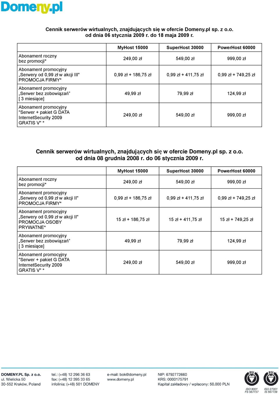 zł 49,99 zł 79,99 zł 124,99 zł Cennik serwerów wirtualnych, znajdujących si ę w ofercie Domeny.pl sp. z o.o. od dnia 08 grudnia 2008 r. do 06 stycznia 2009 r.