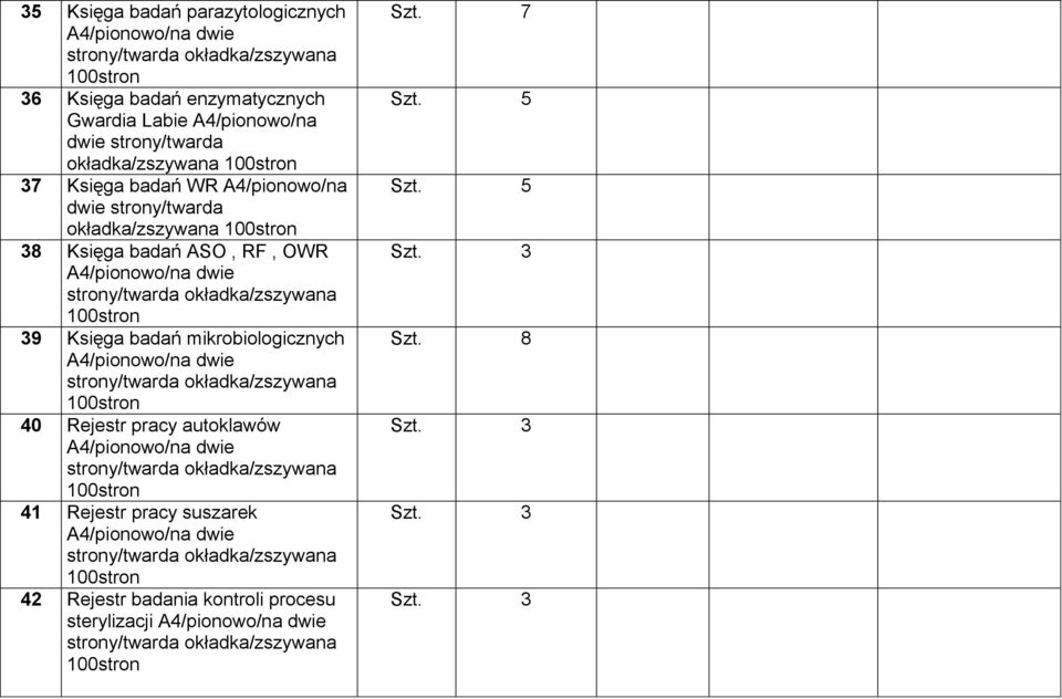 Księga badań ASO, RF, OWR 39 Księga badań mikrobiologicznych 40 Rejestr pracy autoklawów 41 Rejestr pracy