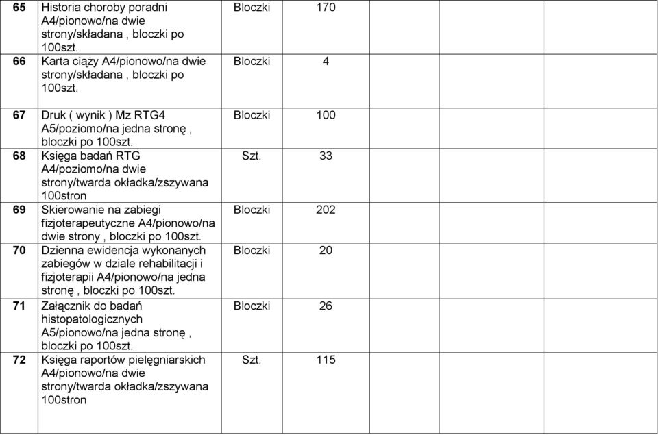 A4/pionowo/na dwie strony, 70 Dzienna ewidencja wykonanych zabiegów w dziale rehabilitacji i fizjoterapii A4/pionowo/na jedna stronę, 71