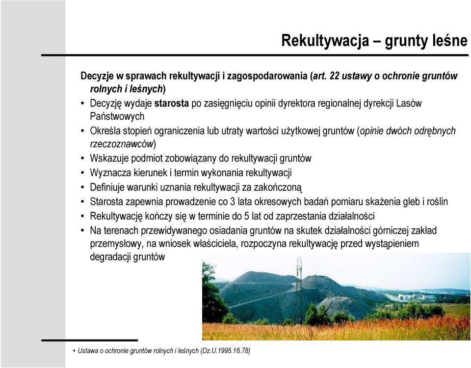 uŝytkowej gruntów (opinie dwóch odrębnych rzeczoznawców) Wskazuje podmiot zobowiązany do rekultywacji gruntów Wyznacza kierunek i termin wykonania rekultywacji Definiuje warunki uznania rekultywacji