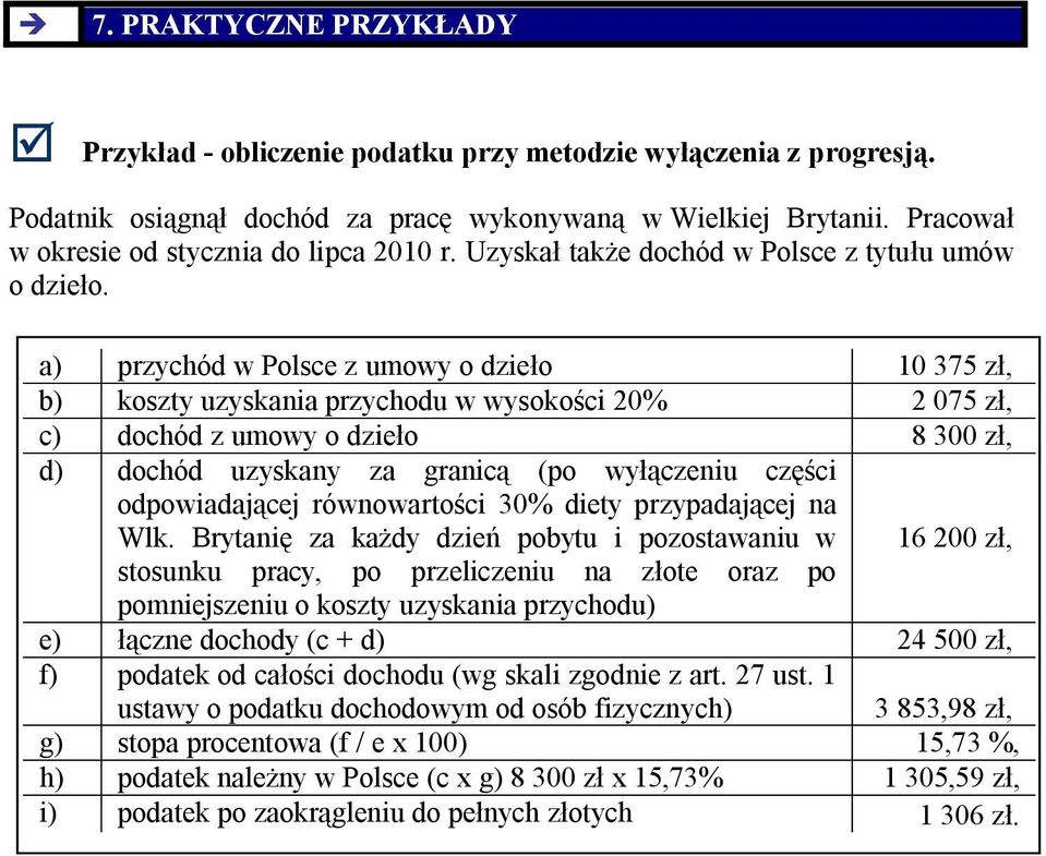 a) przychód w Polsce z umowy o dzieło 10 375 zł, b) koszty uzyskania przychodu w wysokości 20% 2 075 zł, c) dochód z umowy o dzieło 8 300 zł, d) dochód uzyskany za granicą (po wyłączeniu części