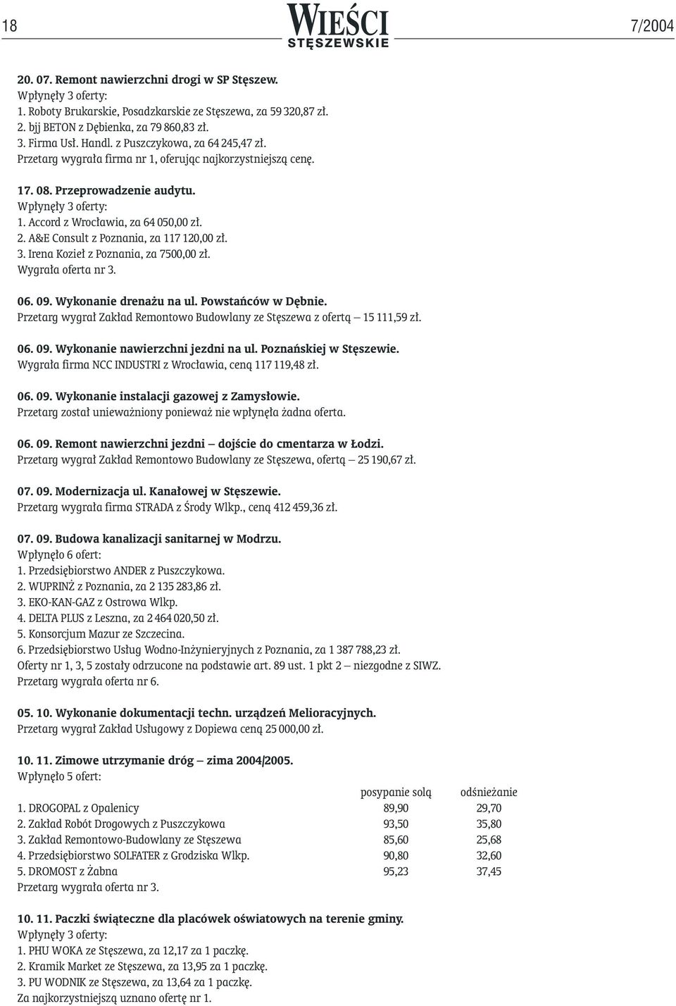 3. Irena Kozie z Poznania, za 7500,00 z. Wygra a oferta nr 3. 06. 09. Wykonanie drena u na ul. Powstaƒców w D bnie. Przetarg wygra Zak ad Remontowo Budowlany ze St szewa z ofertà 15 111,59 z. 06. 09. Wykonanie nawierzchni jezdni na ul.