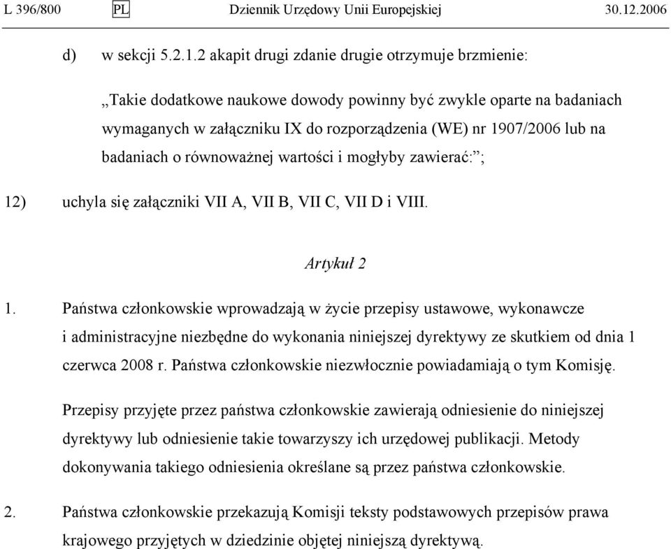 2 akapit drugi zdanie drugie otrzymuje brzmienie: Takie dodatkowe naukowe dowody powinny być zwykle oparte na badaniach wymaganych w załączniku IX do rozporządzenia (WE) nr 1907/2006 lub na badaniach