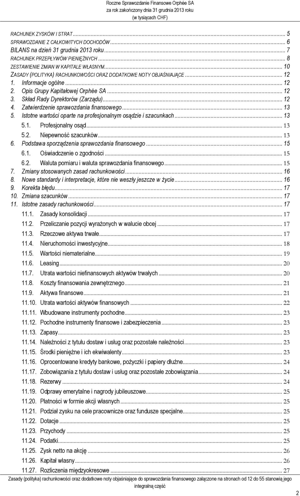 Opis Grupy Kapitałowej Orphée SA... 12 3. Skład Rady Dyrektorów (Zarządu)... 12 4. Zatwierdzenie sprawozdania finansowego... 13 5. Istotne wartości oparte na profesjonalnym osądzie i szacunkach... 13 5.1. Profesjonalny osąd.