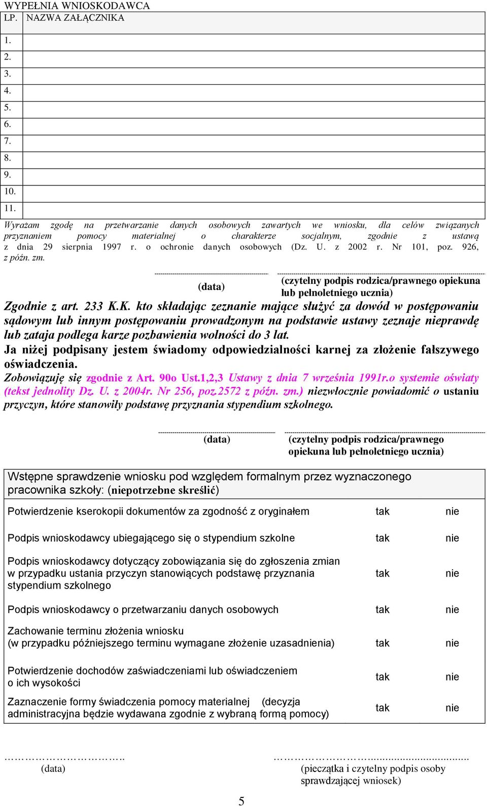 o ochronie danych osobowych (Dz. U. z 2002 r. Nr 101, poz. 926, z późn. zm. (czytelny podpis rodzica/prawnego opiekuna lub pełnoletniego ucznia) Zgodnie z art. 233 K.