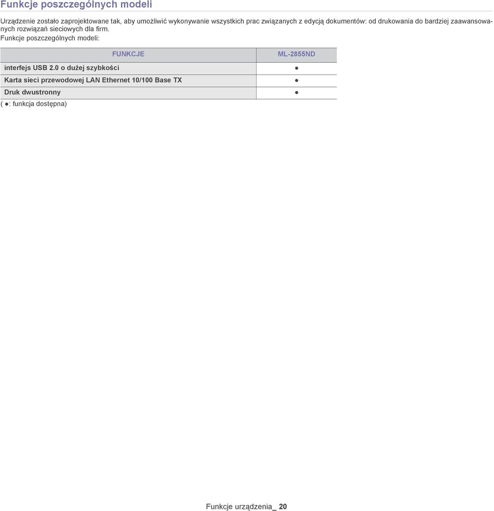 sieciowych dla firm. Funkcje poszczególnych modeli: FUNKCJE interfejs USB 2.