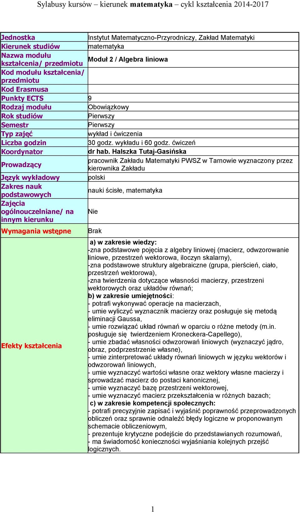 Halszka Tutaj-Gasińska Prowadzący pracownik Zakładu Matematyki PWSZ w Tarnowie wyznaczony przez kierownika Zakładu Język wykładowy polski Zakres nauk podstawowych nauki ścisłe, matematyka Zajęcia