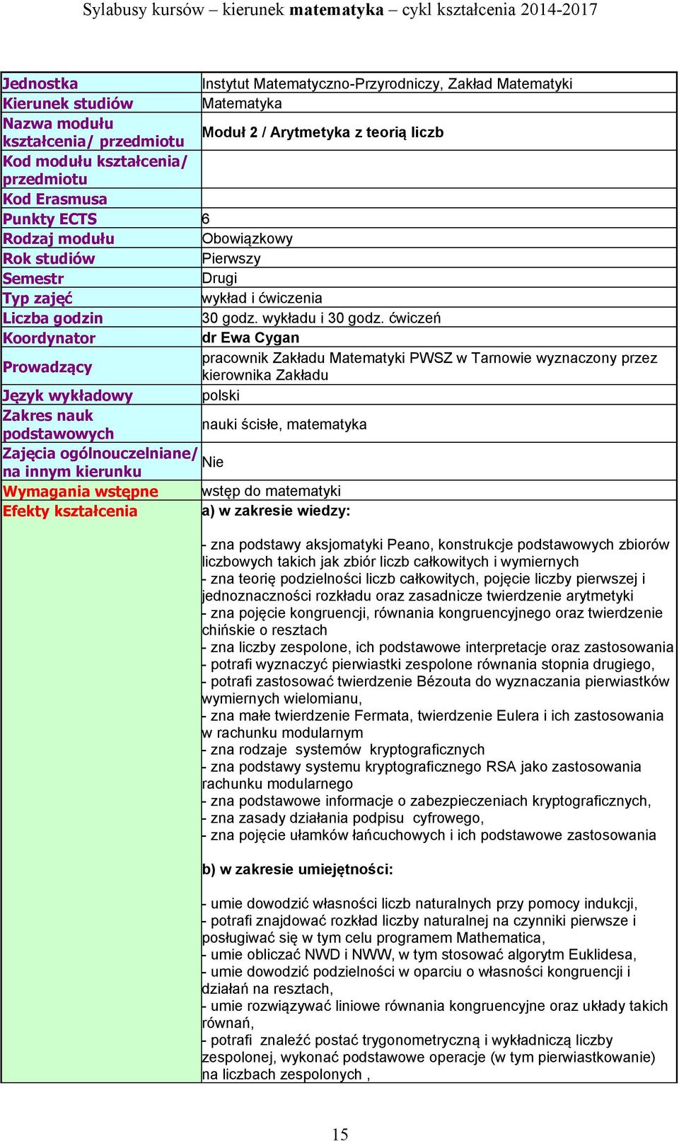 ćwiczeń Koordynator dr Ewa Cygan Prowadzący pracownik Zakładu Matematyki PWSZ w Tarnowie wyznaczony przez kierownika Zakładu Język wykładowy polski Zakres nauk podstawowych nauki ścisłe, matematyka