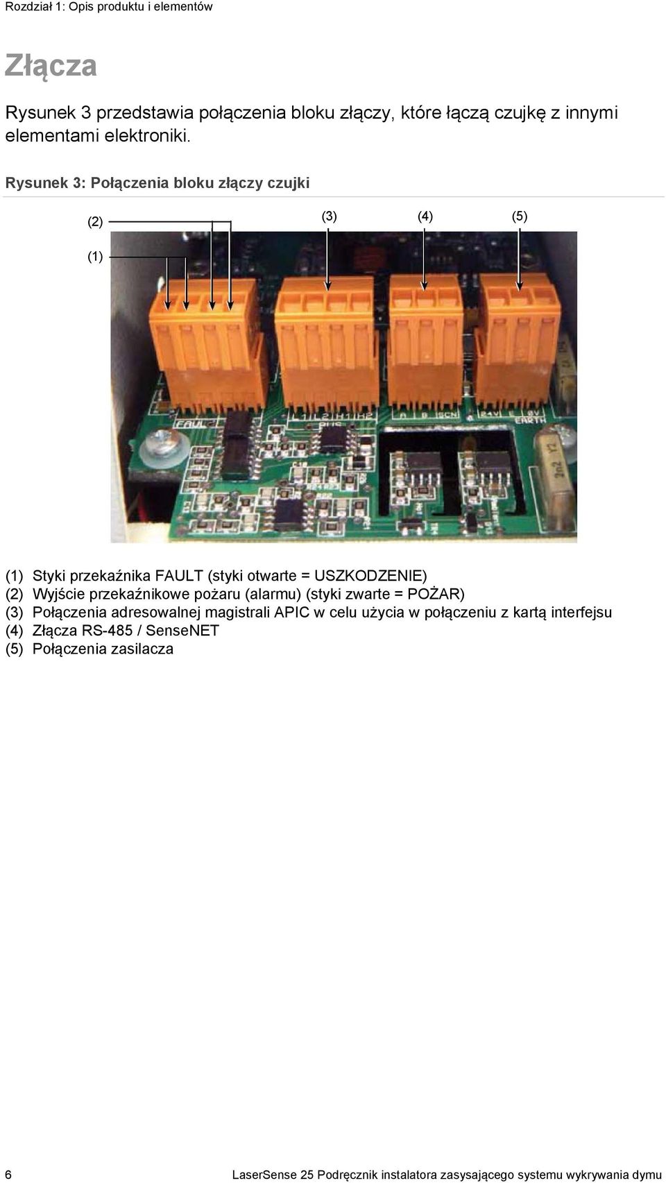 Rysunek 3: Połączenia bloku złączy czujki (2) (3) (4) (5) (1) (1) Styki przekaźnika FAULT (styki otwarte = USZKODZENIE) (2) Wyjście