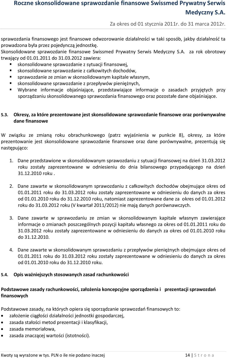 2012 zawiera: skonsolidowane sprawozdanie z sytuacji finansowej, skonsolidowane sprawozdanie z całkowitych dochodów, sprawozdanie ze zmian w skonsolidowanym kapitale własnym, skonsolidowane