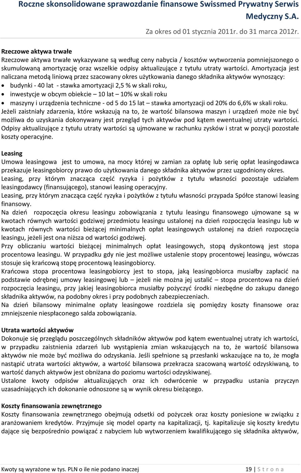 Amortyzacja jest naliczana metodą liniową przez szacowany okres użytkowania danego składnika aktywów wynoszący: budynki - 40 lat - stawka amortyzacji 2,5 % w skali roku, inwestycje w obcym obiekcie