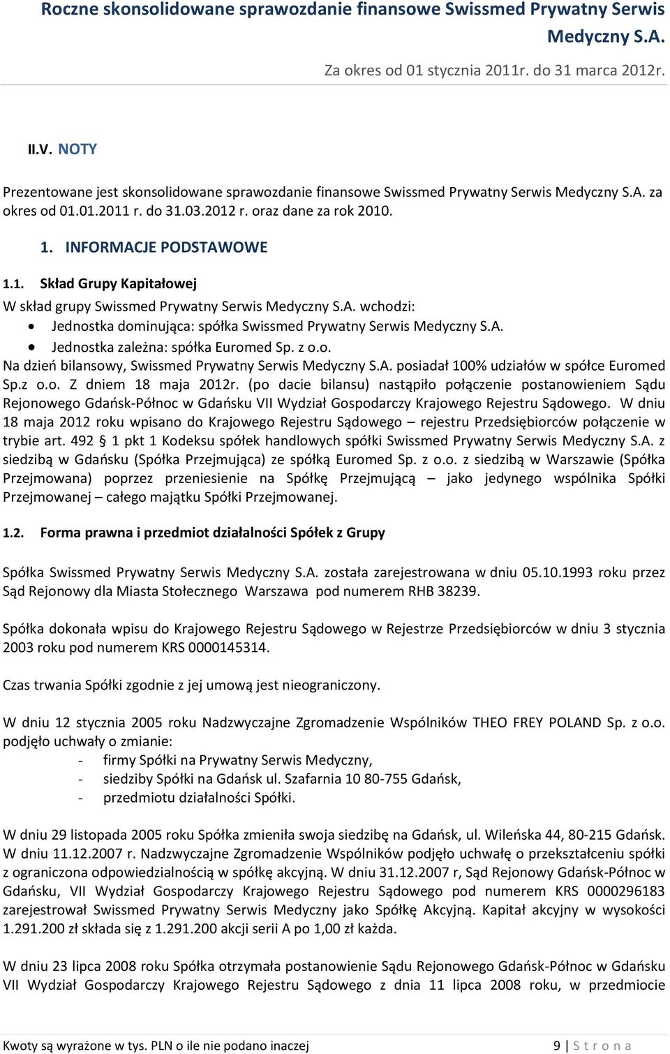 z o.o. Na dzień bilansowy, Swissmed Prywatny Serwis posiadał 100% udziałów w spółce Euromed Sp.z o.o. Z dniem 18 maja 2012r.