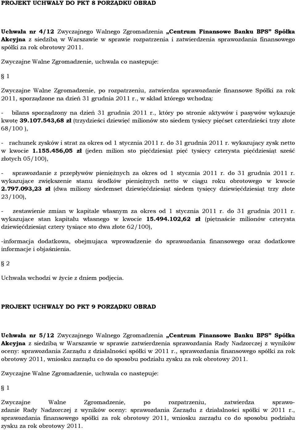 , w skład którego wchodzą: - bilans sporządzony na dzień 31 grudnia 2011 r., który po stronie aktywów i pasywów wykazuje kwotę 39.107.