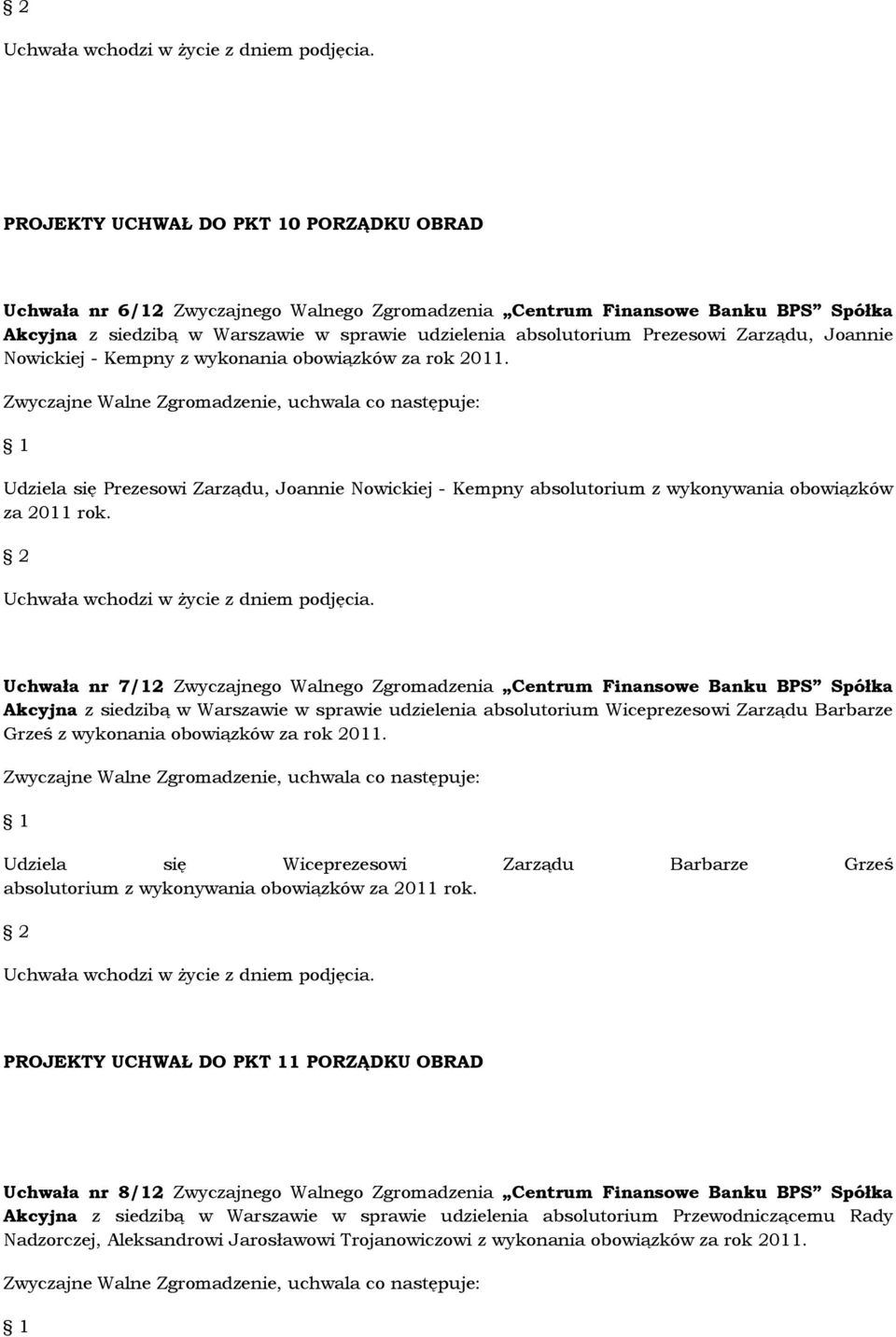 Uchwała nr 7/12 Zwyczajnego Walnego Zgromadzenia Centrum Finansowe Banku BPS Spółka Akcyjna z siedzibą w Warszawie w sprawie udzielenia absolutorium Wiceprezesowi Zarządu Barbarze Grześ z wykonania