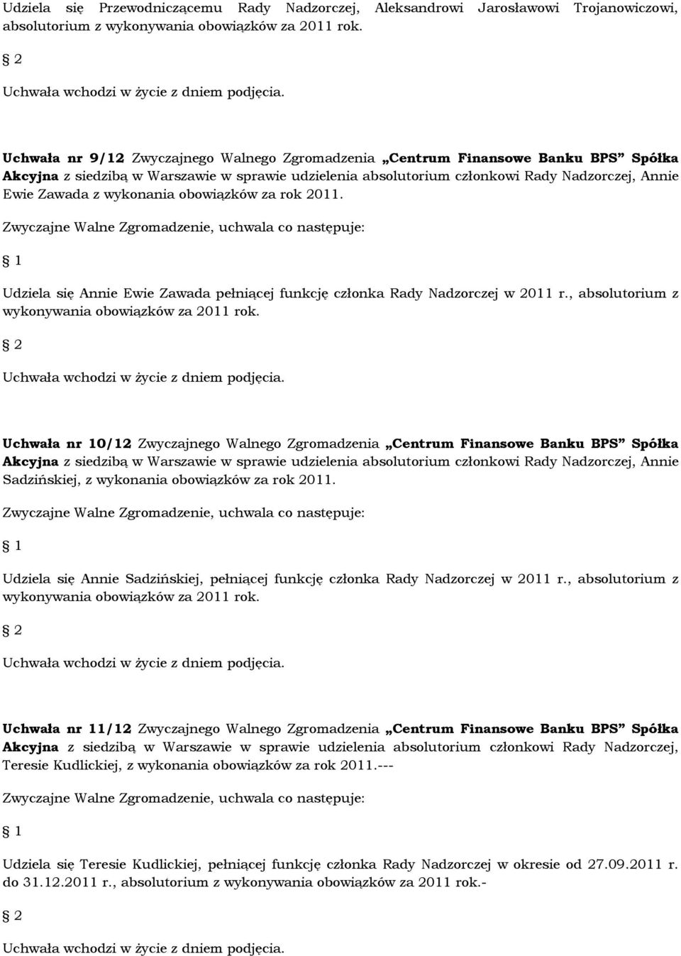 wykonania obowiązków za rok 2011. Udziela się Annie Ewie Zawada pełniącej funkcję członka Rady Nadzorczej w 2011 r., absolutorium z wykonywania obowiązków za 2011 rok.