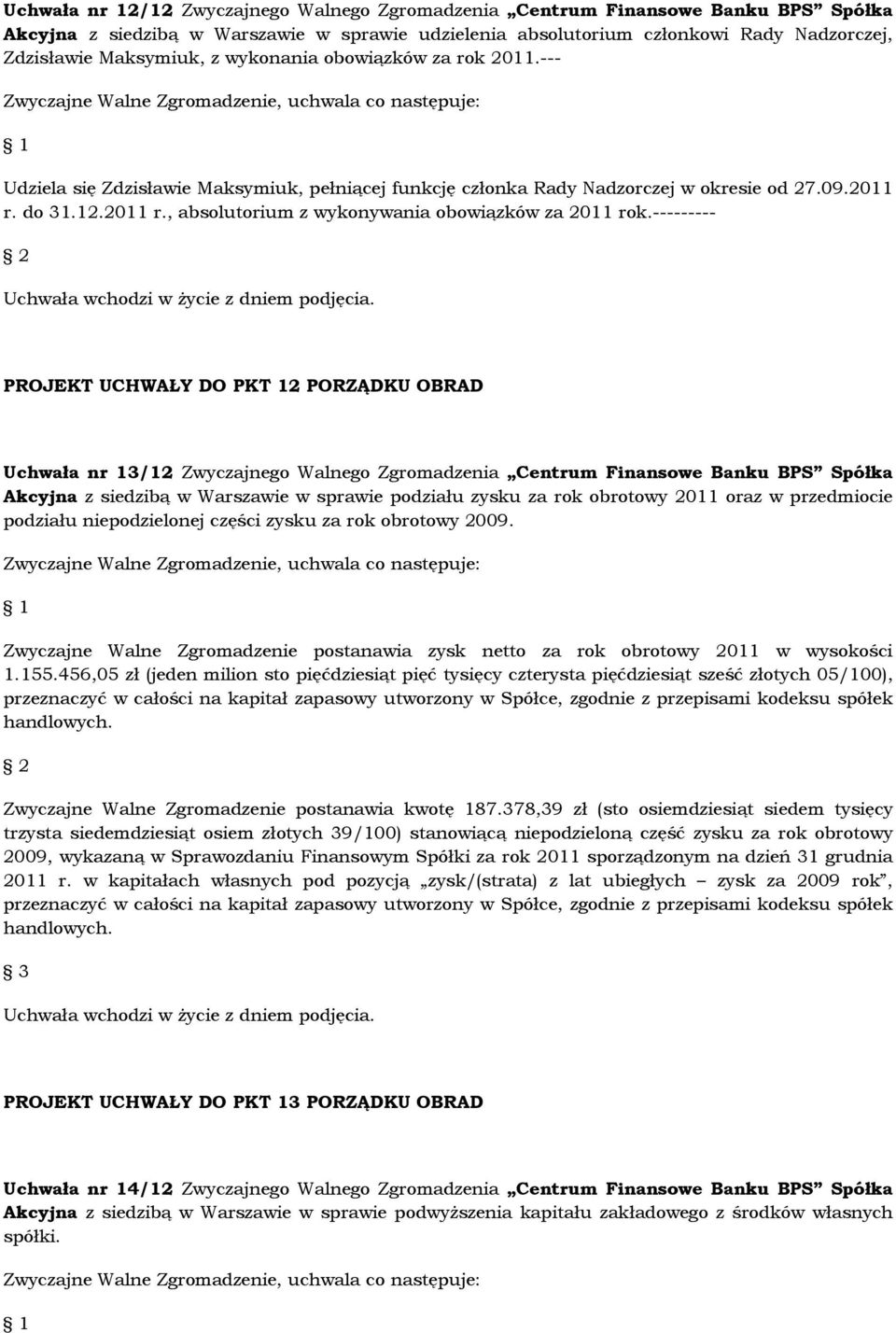 --------- PROJEKT UCHWAŁY DO PKT 12 PORZĄDKU OBRAD Uchwała nr 13/12 Zwyczajnego Walnego Zgromadzenia Centrum Finansowe Banku BPS Spółka Akcyjna z siedzibą w Warszawie w sprawie podziału zysku za rok