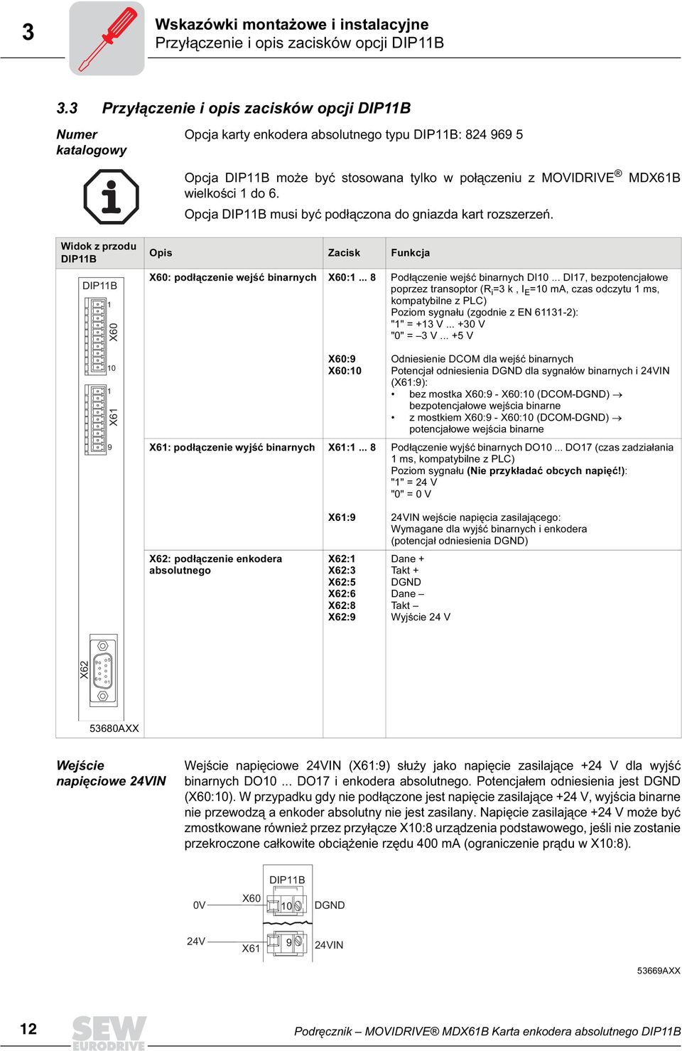 Opcja DP11B musi być podłączona do gniazda kart rozszerzeń. Widok z przodu DP11B DP11B 1 X6 Opis Zacisk Funkcja X6: podłączenie wejść binarnych X6:1... 8 Podłączenie wejść binarnych D1.