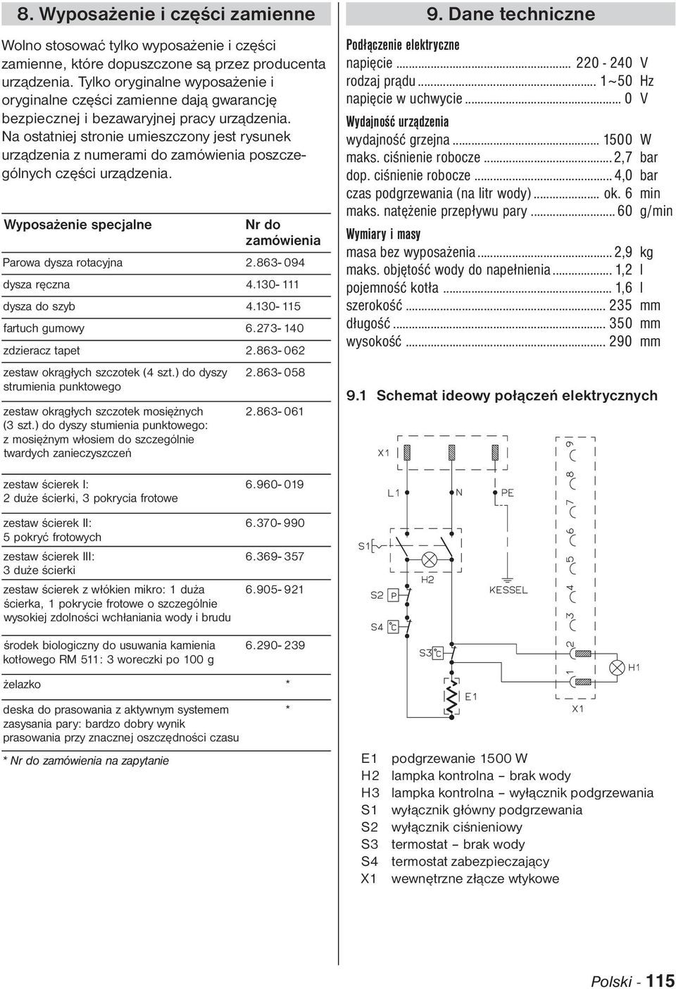 Na ostatniej stronie umieszczony jest rysunek urządzenia z numerami do zamówienia poszczególnych części urządzenia. Wyposażenie specjalne Nr do zamówienia Parowa dysza rotacyjna 2.