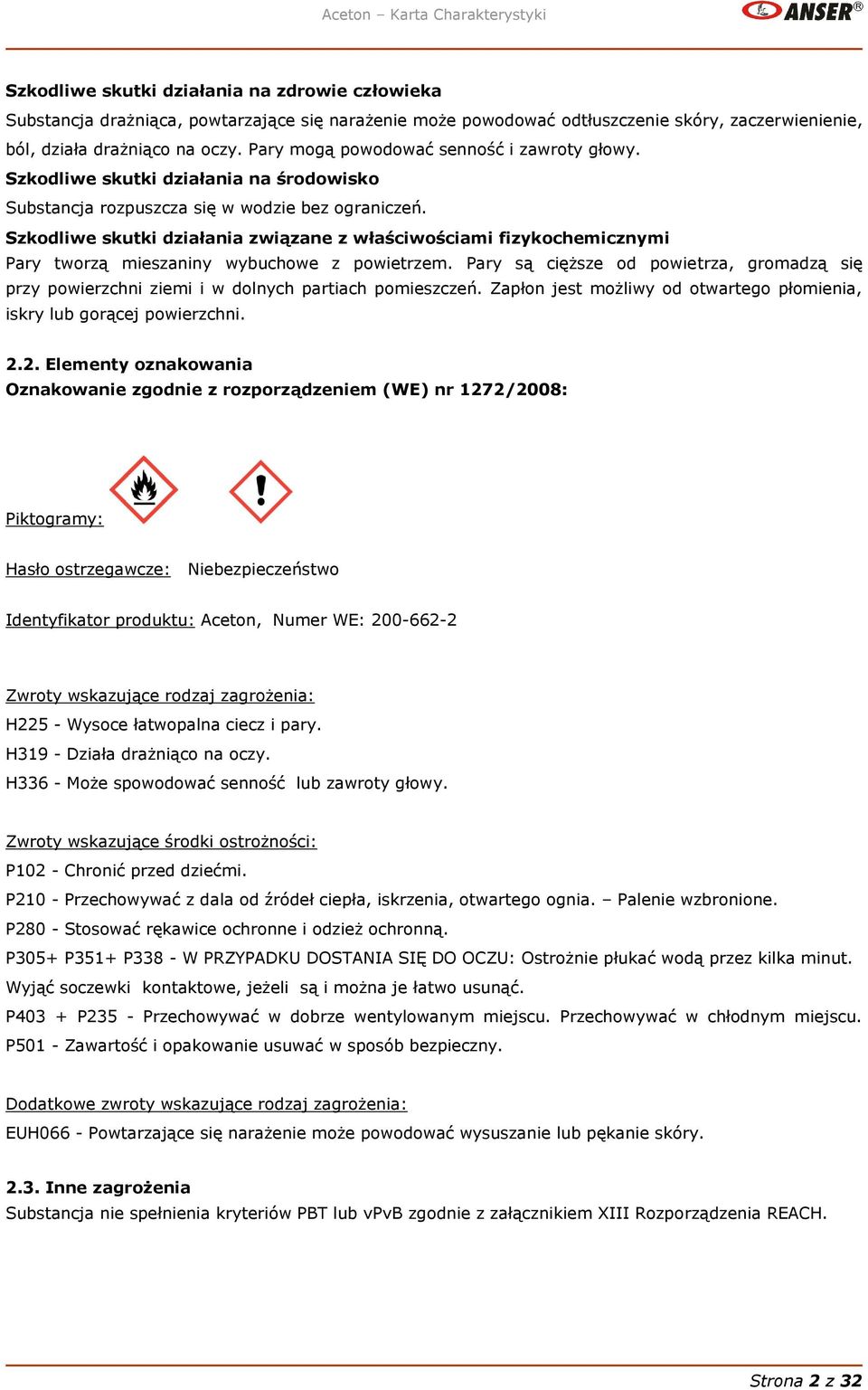 Szkodliwe skutki działania związane z właściwościami fizykochemicznymi Pary tworzą mieszaniny wybuchowe z powietrzem.