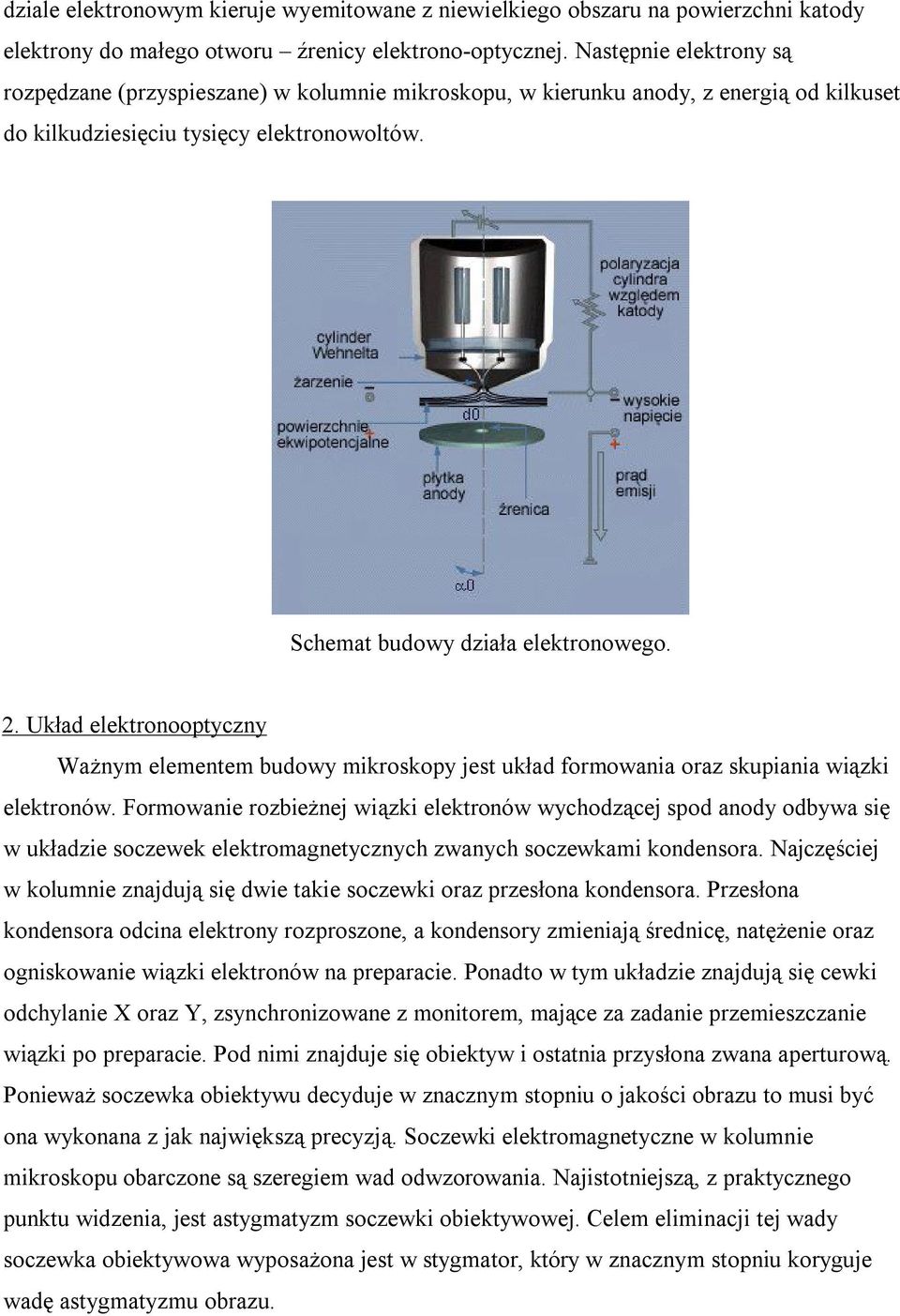 Układ elektronooptyczny Ważnym elementem budowy mikroskopy jest układ formowania oraz skupiania wiązki elektronów.