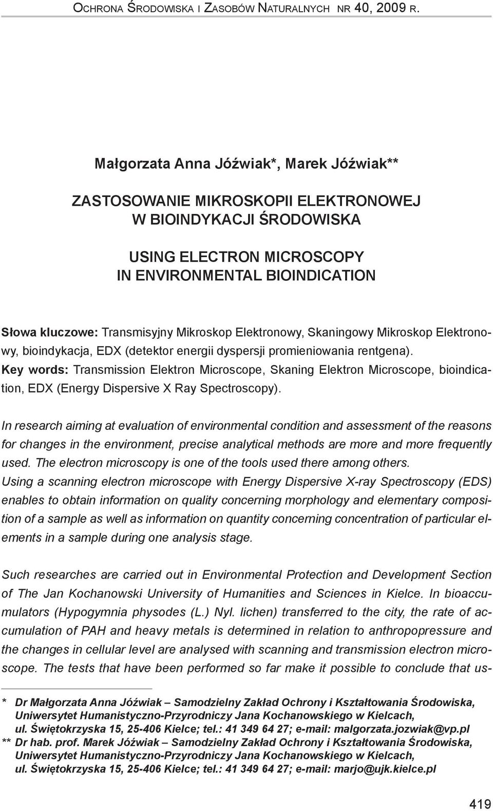 Mikroskop Elektronowy, Skaningowy Mikroskop Elektronowy, bioindykacja, EDX (detektor energii dyspersji promieniowania rentgena).