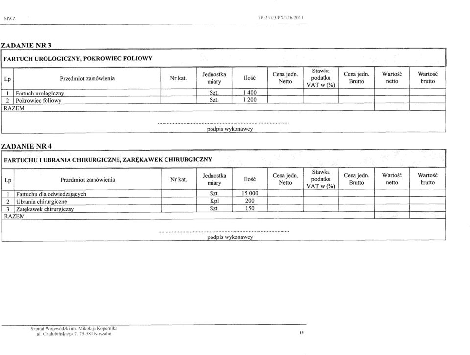zam6wienia Nr kat. Jednostka miary I Farluchu dla odwiedzai acych Szt. l5 000 2 Ubrania chirursiczne Kol 200 3 Zarekawek chirurgiczny Szt.