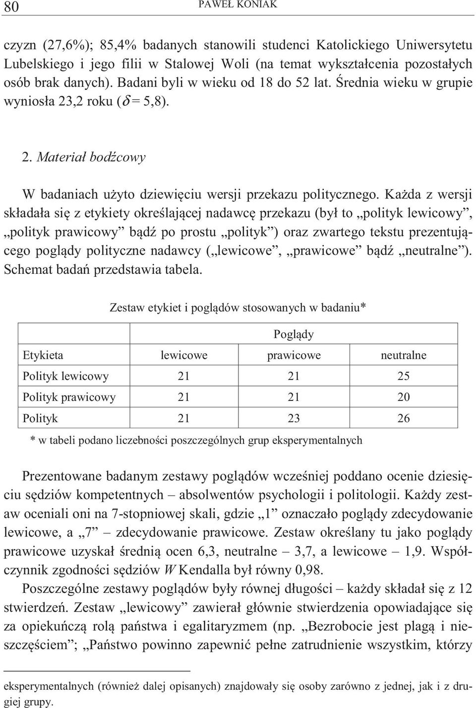 Ka da z wersji składała si z etykiety okre laj cej nadawc przekazu (był to polityk lewicowy, polityk prawicowy b d po prostu polityk ) oraz zwartego tekstu prezentuj cego pogl dy polityczne nadawcy (