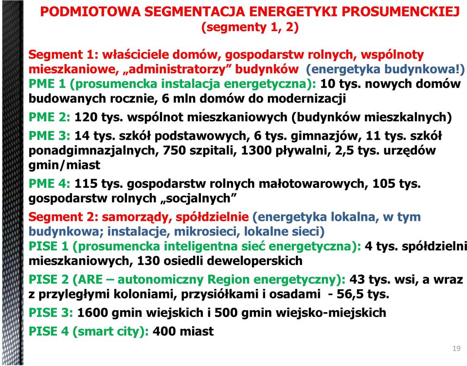 szkół podstawowych, 6 tys. gimnazjów, 11 tys. szkół ponadgimnazjalnych, 750 szpitali, 1300 pływalni, 2,5 tys. urzędów gmin/miast PME 4: 115 tys. gospodarstw rolnych małotowarowych, 105 tys.