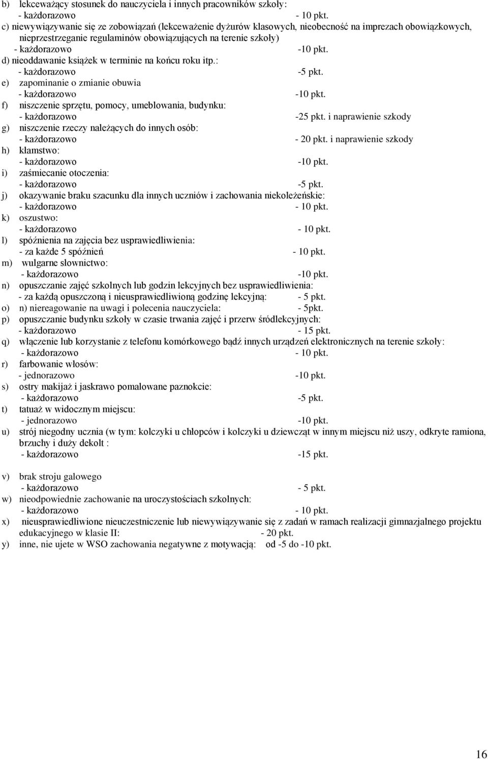 d) nieoddawanie książek w terminie na końcu roku itp.: e) zapominanie o zmianie obuwia - każdorazowo -10 pkt. f) niszczenie sprzętu, pomocy, umeblowania, budynku: - każdorazowo -25 pkt.