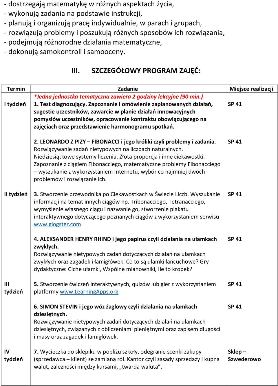 SZCZEGÓŁOWY PROGRAM ZAJĘĆ: Termin Zadanie Miejsce realizacji *Jedna jednostka tematyczna zawiera 2 godziny lekcyjne (90 min.) I 1. Test diagnozujący.