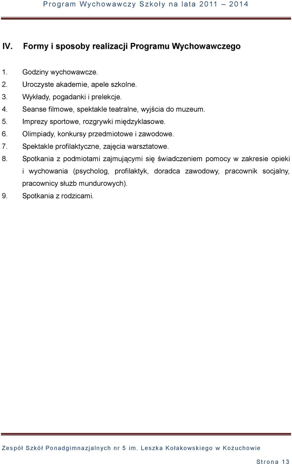 Olimpiady, konkursy przedmiotowe i zawodowe. 7. Spektakle profilaktyczne, zajęcia warsztatowe. 8.