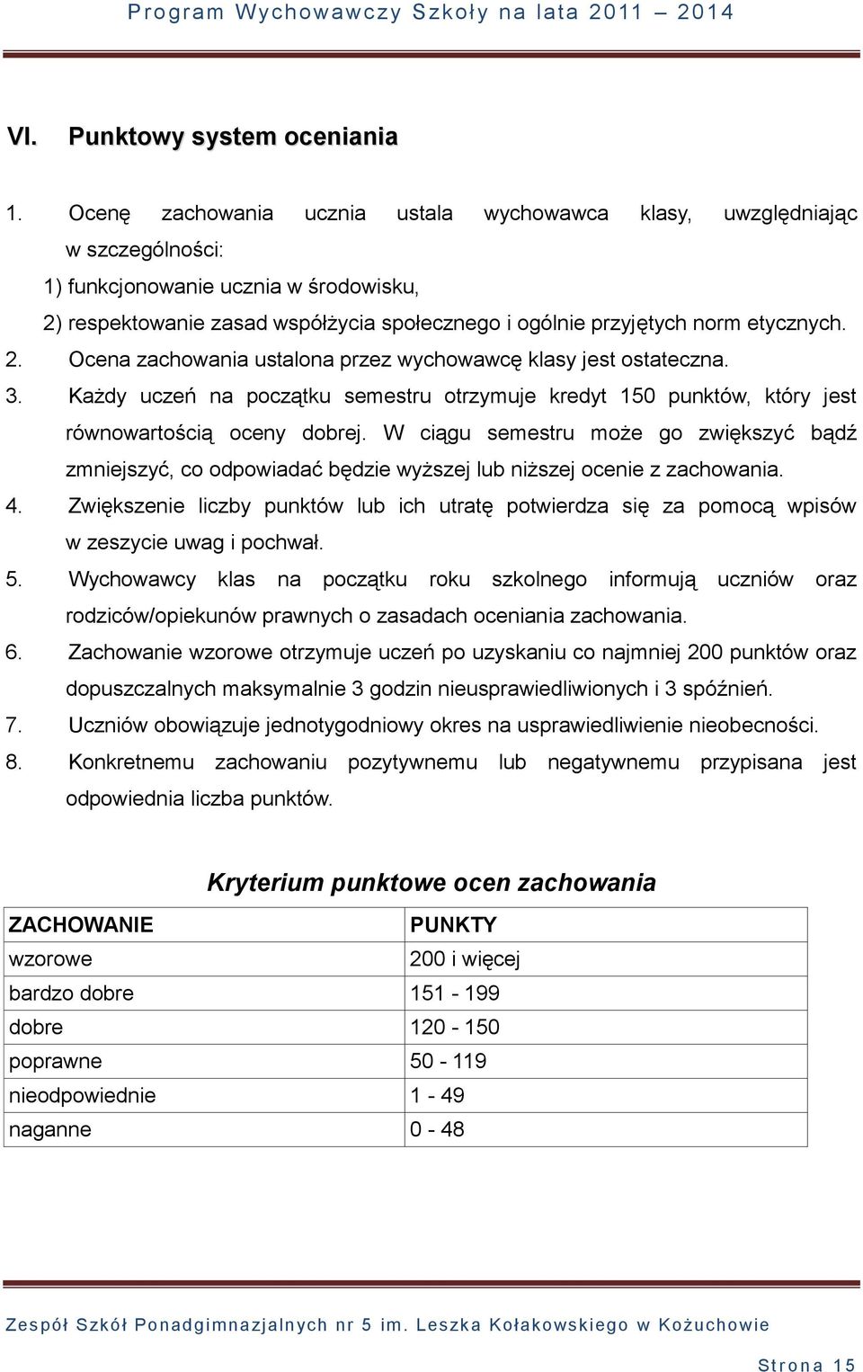 etycznych. 2. Ocena zachowania ustalona przez wychowawcę klasy jest ostateczna. 3. Każdy uczeń na początku semestru otrzymuje kredyt 150 punktów, który jest równowartością oceny dobrej.