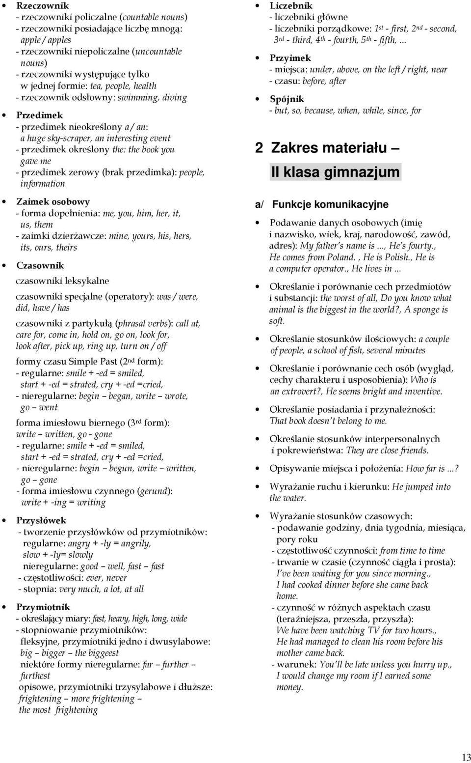 - przedimek zerowy (brak przedimka): people, information Zaimek osobowy - forma dopełnienia: me, you, him, her, it, us, them - zaimki dzierŝawcze: mine, yours, his, hers, its, ours, theirs Czasownik