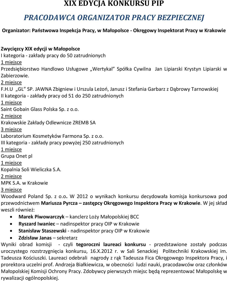 JAWNA Zbigniew i Urszula Leżoń, Janusz i Stefania Garbarz z Dąbrowy Tarnowskiej II kategoria - zakłady pracy od 51 do 250 zatrudnionych 1 miejsce Saint Gobain Glass Polska Sp. z o.o. 2 miejsce Krakowskie Zakłady Odlewnicze ZREMB SA 3 miejsce Laboratorium Kosmetyków Farmona Sp.