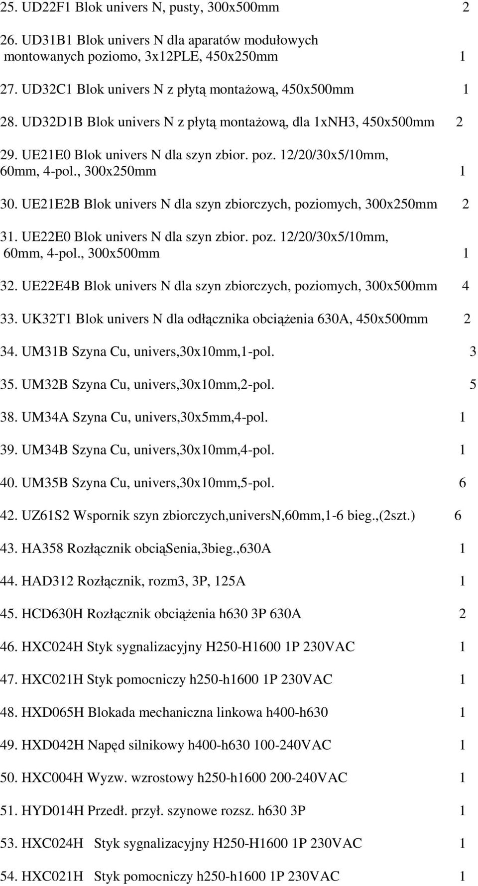 UE21E2B Blok univers N dla szyn zbiorczych, poziomych, 300x250mm 2 31. UE22E0 Blok univers N dla szyn zbior. poz. 12/20/30x5/10mm, 60mm, 4-pol., 300x500mm 1 32.