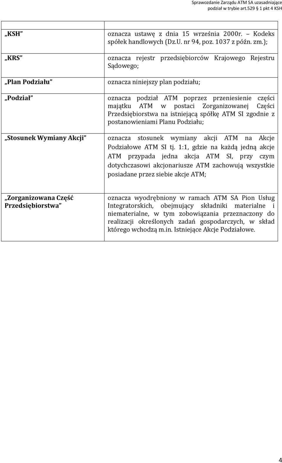 Przedsiębiorstwa na istniejącą spółkę ATM SI zgodnie z postanowieniami Planu Podziału; oznacza stosunek wymiany akcji ATM na Akcje Podziałowe ATM SI tj.