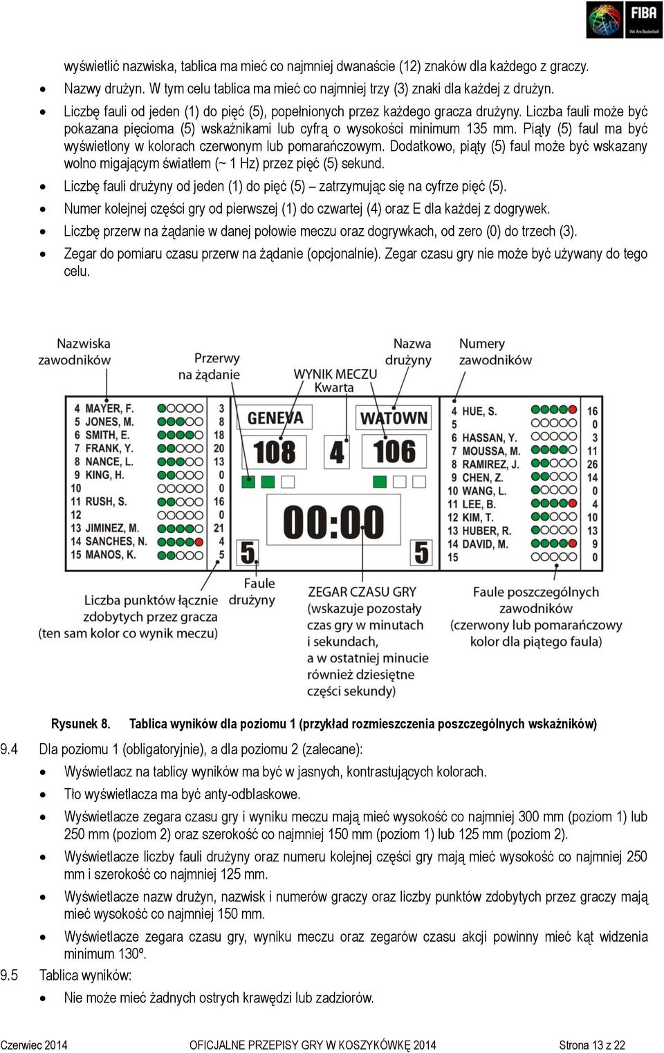 Piąty (5) faul ma być wyświetlony w kolorach czerwonym lub pomarańczowym. Dodatkowo, piąty (5) faul może być wskazany wolno migającym światłem (~ 1 Hz) przez pięć (5) sekund.