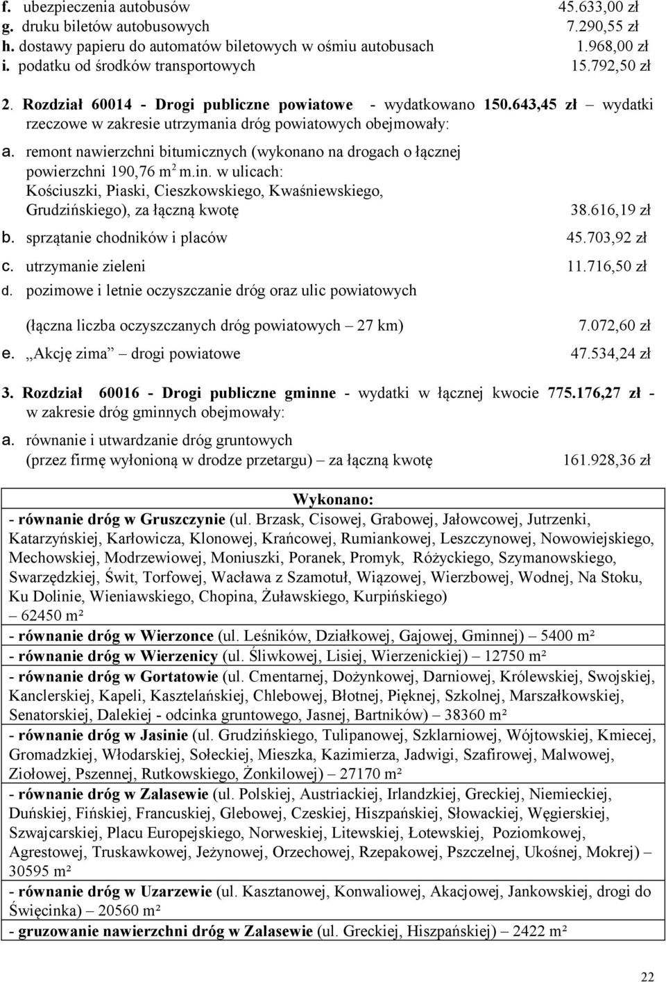 remont nawierzchni bitumicznych (wykonano na drogach o łącznej powierzchni 190,76 m 2 m.in. w ulicach: Kościuszki, Piaski, Cieszkowskiego, Kwaśniewskiego, Grudzińskiego), za łączną kwotę 38.