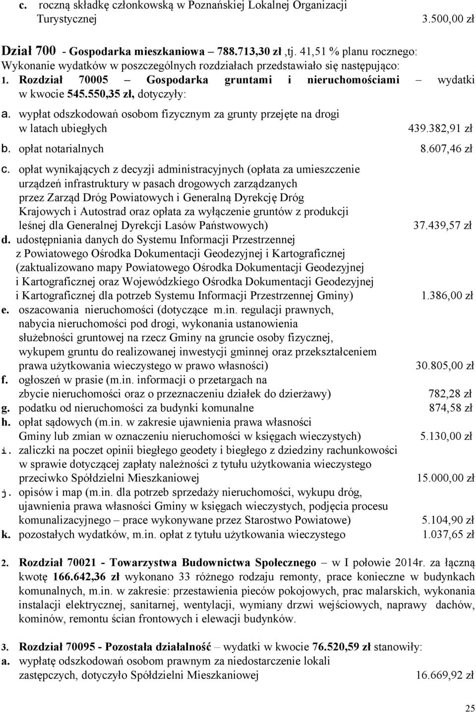 550,35 zł, dotyczyły: a. wypłat odszkodowań osobom fizycznym za grunty przejęte na drogi w latach ubiegłych 439.382,91 zł b. opłat notarialnych 8.607,46 zł c.