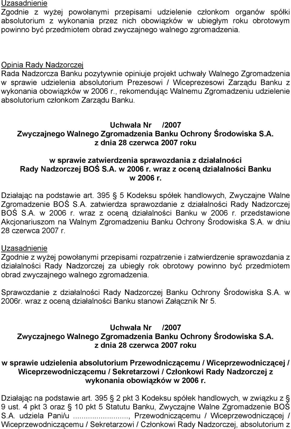 Opinia Rady Nadzorczej Rada Nadzorcza Banku pozytywnie opiniuje projekt uchwały Walnego Zgromadzenia w sprawie udzielenia absolutorium Prezesowi / Wiceprezesowi Zarządu Banku z wykonania obowiązków w