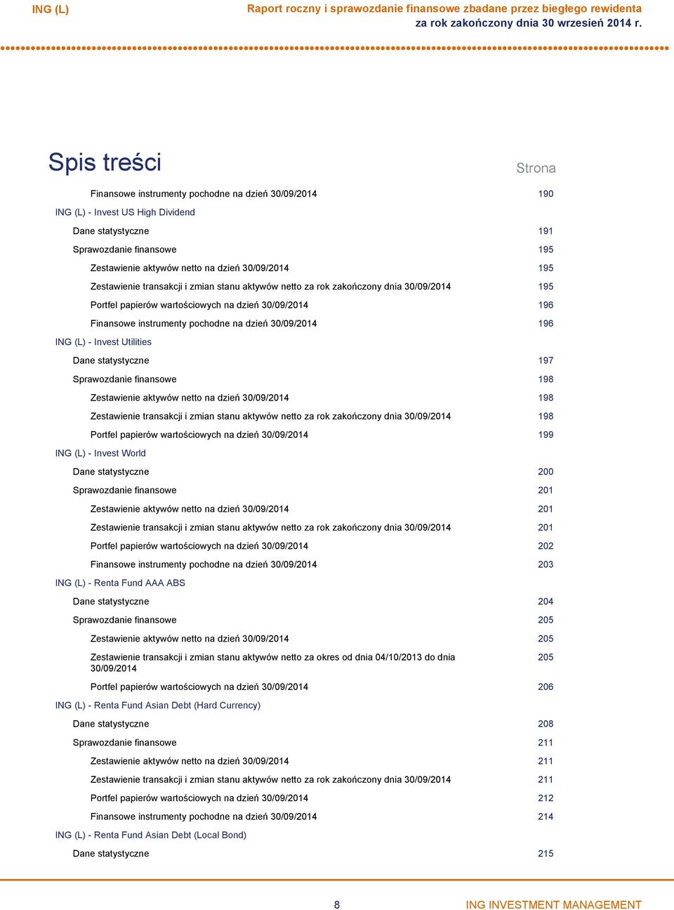 Invest Utilities Dane statystyczne 197 Sprawozdanie finansowe 198 Zestawienie aktywów netto na dzień 30/09/2014 198 Zestawienie transakcji i zmian stanu aktywów netto za rok zakończony dnia