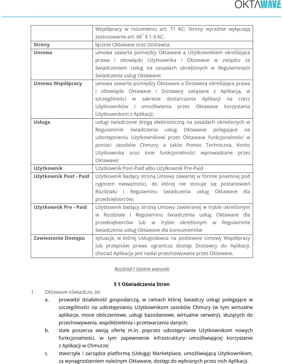 łącznie Oktawave oraz Dostawca; umowa zawarta pomiędzy Oktawave a Użytkownikiem określająca prawa i obowiązki Użytkownika i Oktawave w związku ze świadczeniem Usług na zasadach określonych w