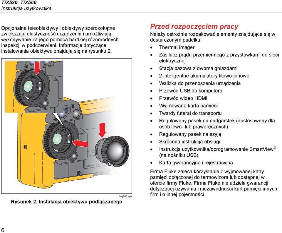 Instalacja obiektywu podłączanego Przed rozpoczęciem pracy Należy ostrożnie rozpakować elementy znajdujące się w dostarczonym pudełku: Thermal Imager Zasilacz prądu przemiennego z przystawkami do