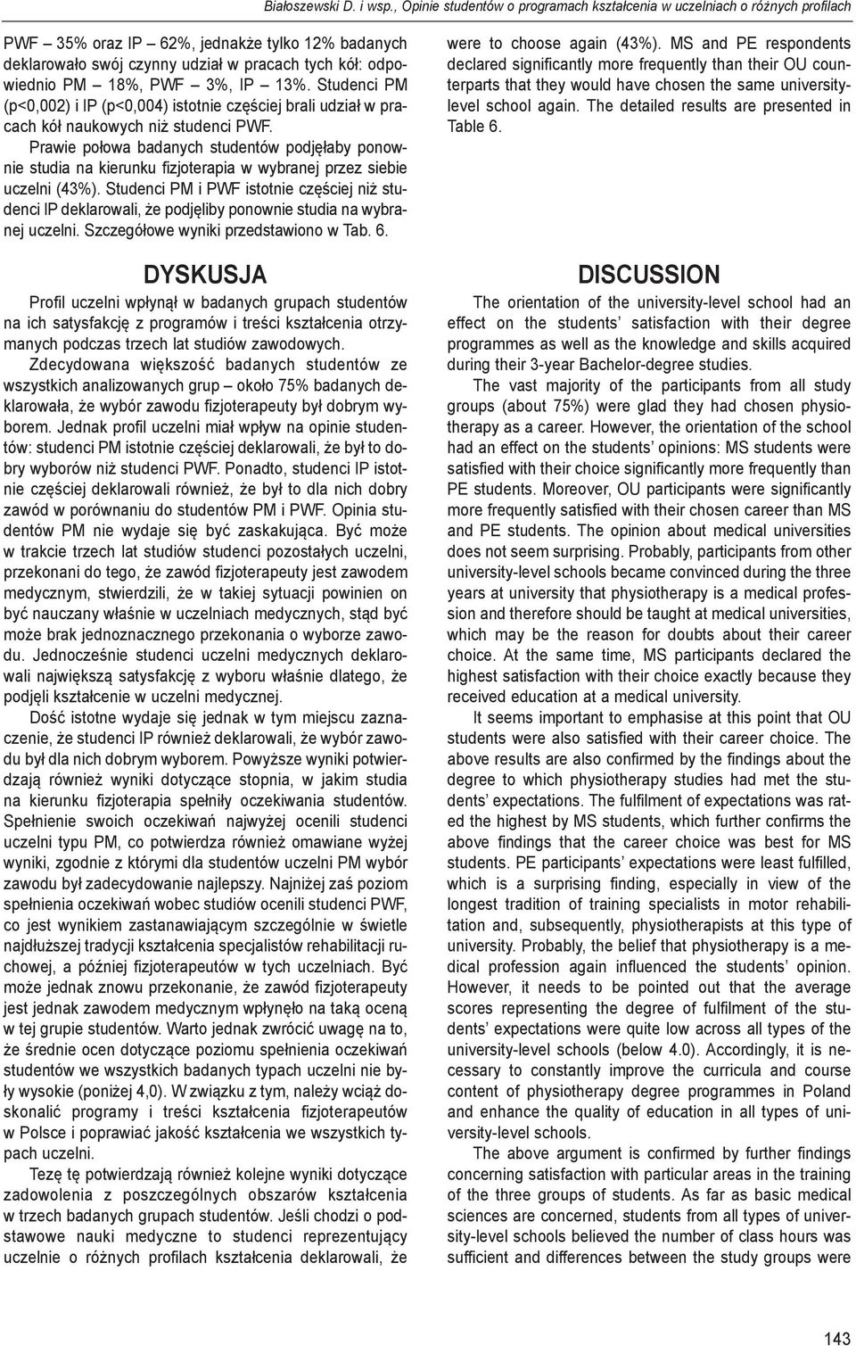 wied nio PM 18%, PWF 3%, IP 13%. Stu den ci PM (p<0,002) i IP (p<0,004) istot nie czę ściej bra li udział w pra - cach kół na uko wych niż stu den ci PWF.