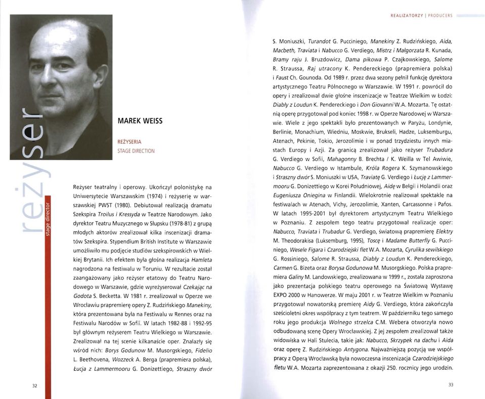 przez dwa sezony pełnił funkcję dyrektora artystycznego Teatru Północnego w Warszawie. W 1991 r. powrócił do MAREK WEISS REŻYSERIA STAGE DIRECTION Reżyser teatralny i operowy.