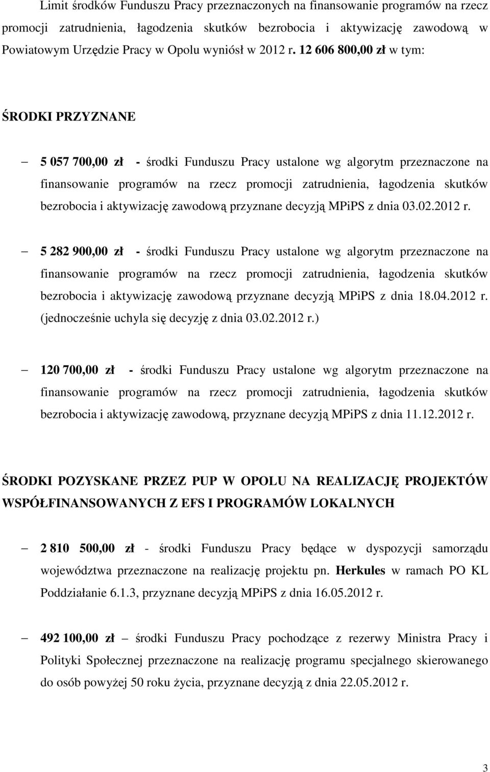 12 606 800,00 zł w tym: ŚRODKI PRZYZNANE 5 057 700,00 zł - środki Funduszu Pracy ustalone wg algorytm przeznaczone na finansowanie programów na rzecz promocji zatrudnienia, łagodzenia skutków